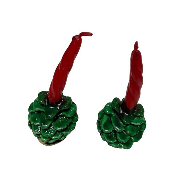 Vintage Gurley Green Pinecone Red Candle Christmas Candles Pair - Picture 2 of 5